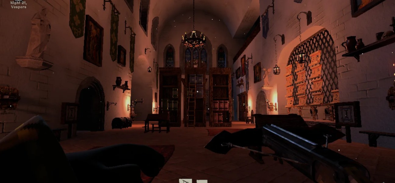 Monk Took Book game scene featuring a grand library interior