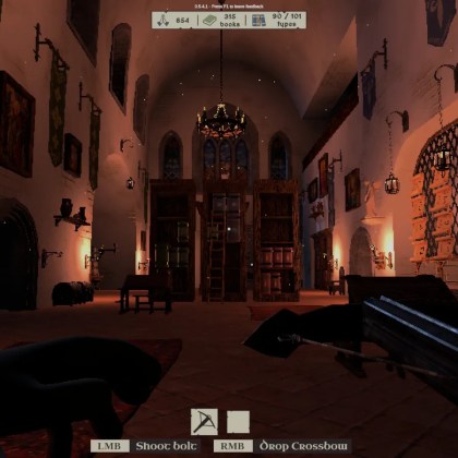 Monk Took Book game scene featuring a grand library interior