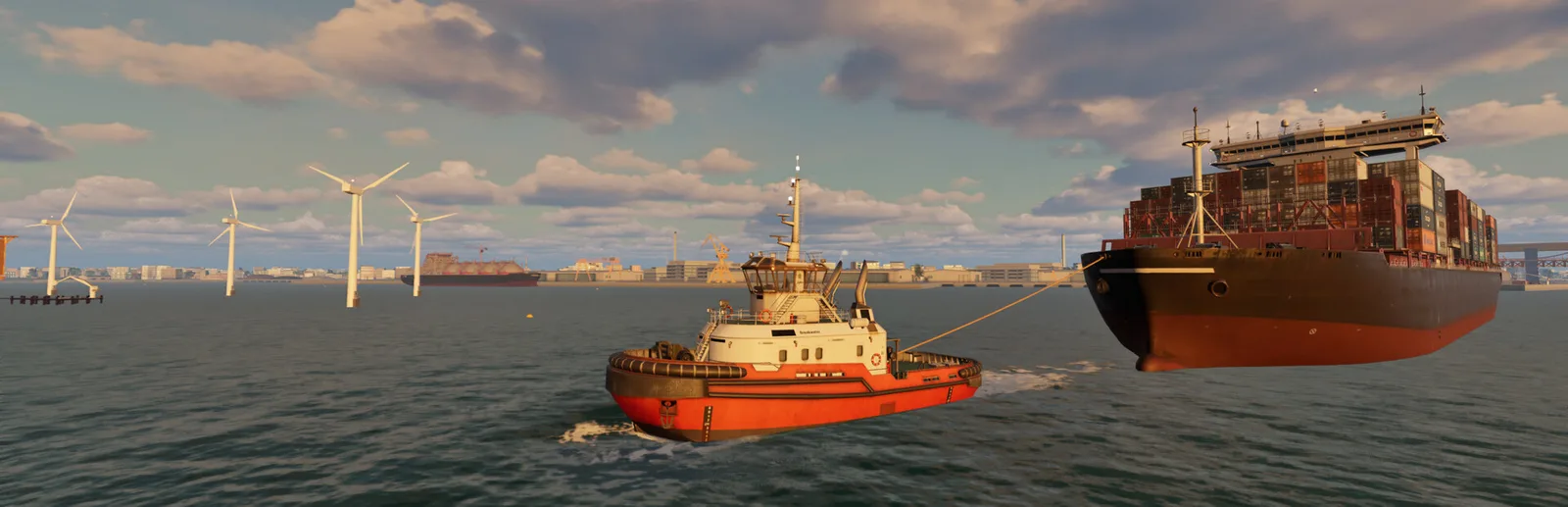 Realistic ship simulator showcasing a large cargo vessel in a vibrant harbor setting