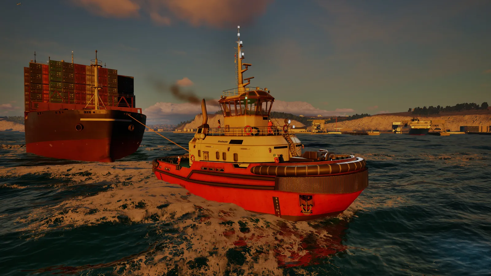 Realistic tugboat navigating near a large cargo ship in a vibrant ocean setting