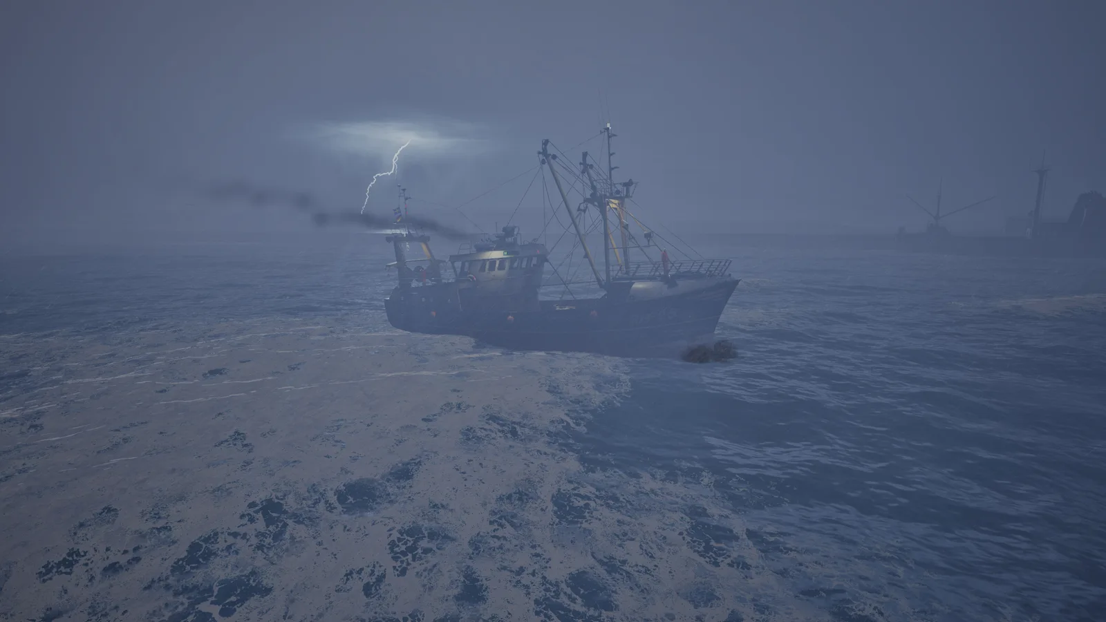 Stormy sea with a fishing vessel navigating through rough waters