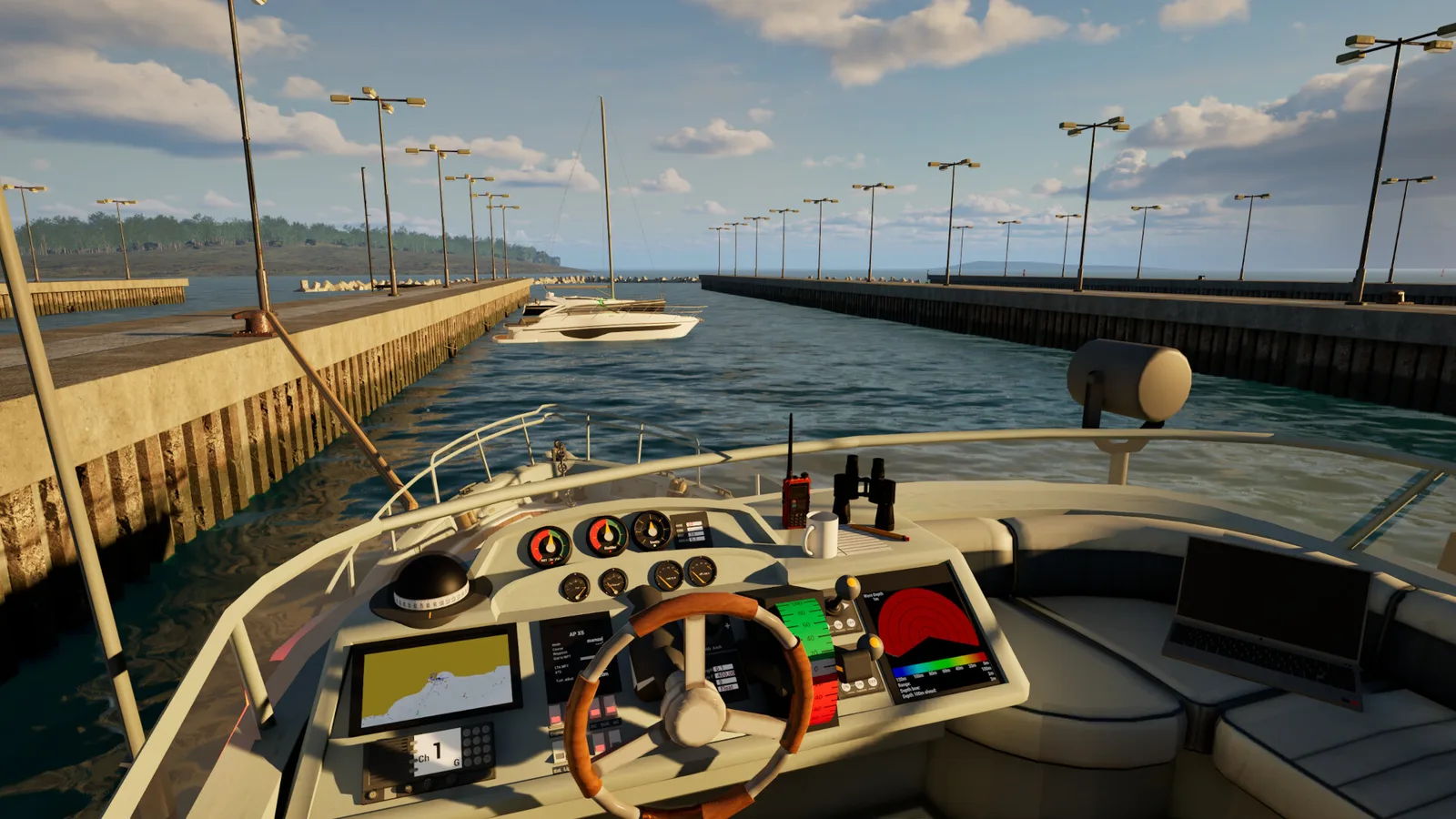 Realistic boat cockpit view in Professional Ship Simulator with marina in background