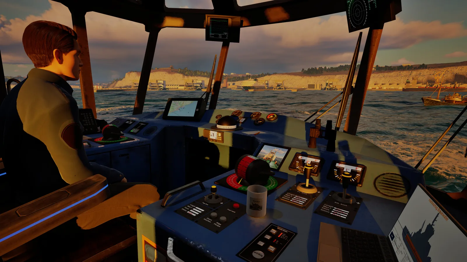 Realistic ship simulator cockpit view with dynamic water and sunset backdrop