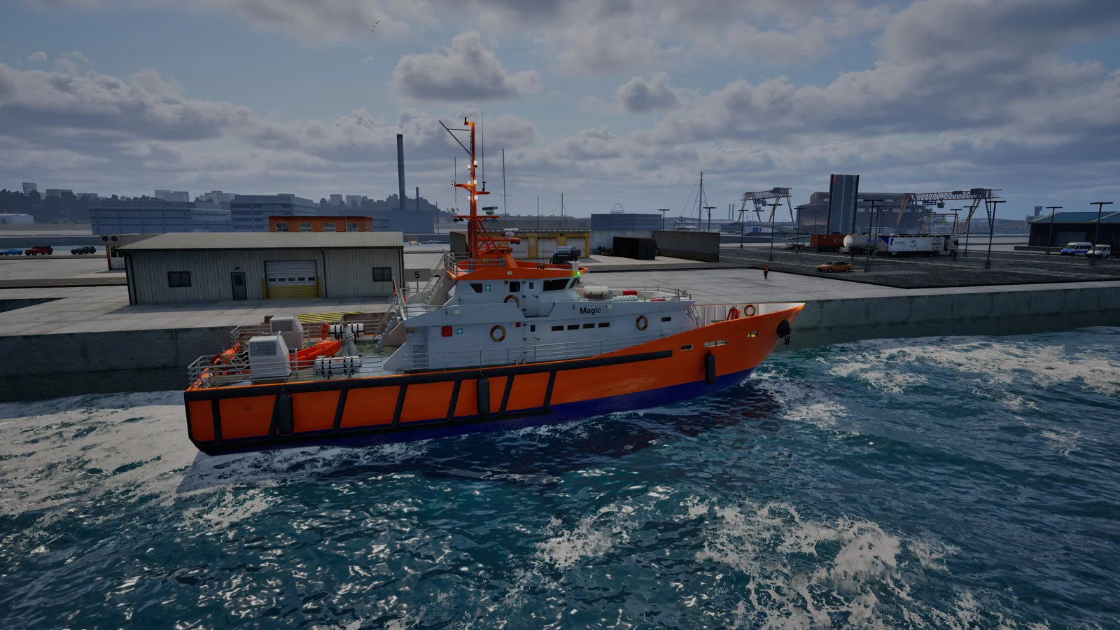 Realistic ship navigating a harbor in Professional Ship Simulator