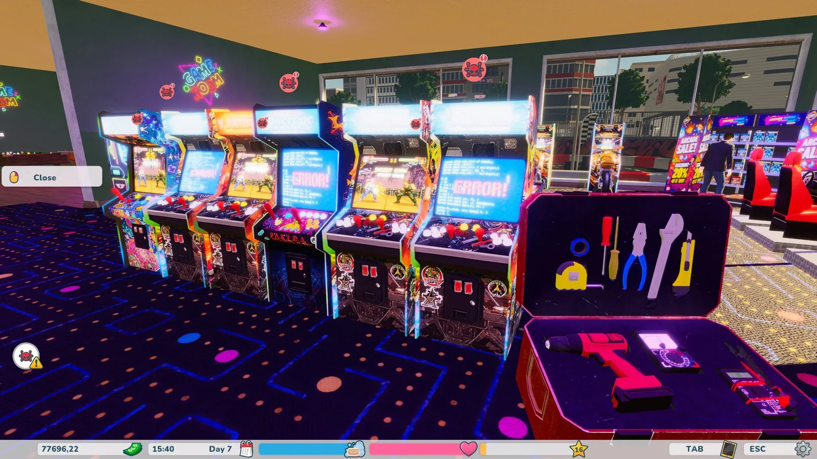 Colorful arcade machines in a retro shop setting with tools visible