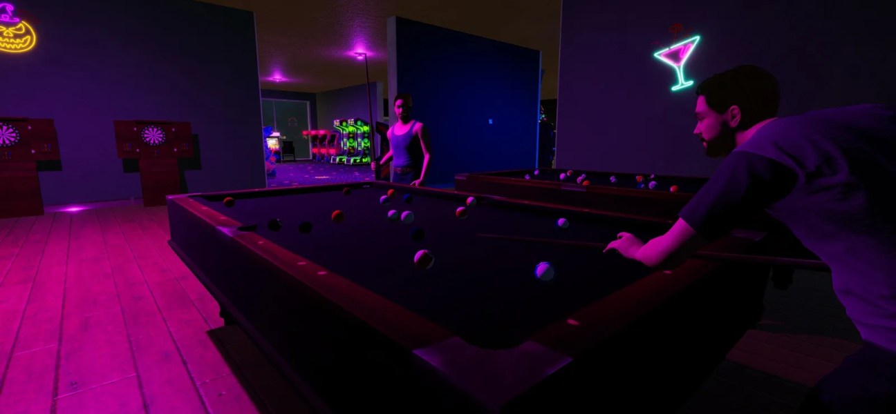 Two characters playing pool in a vibrant retro arcade setting