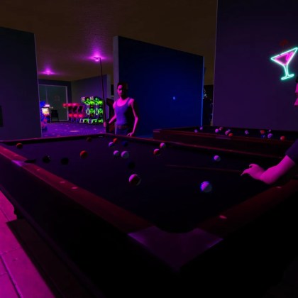 Two characters playing pool in a vibrant retro arcade setting