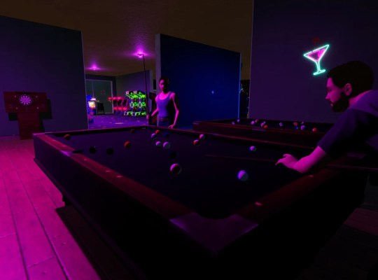 Two characters playing pool in a vibrant retro arcade setting