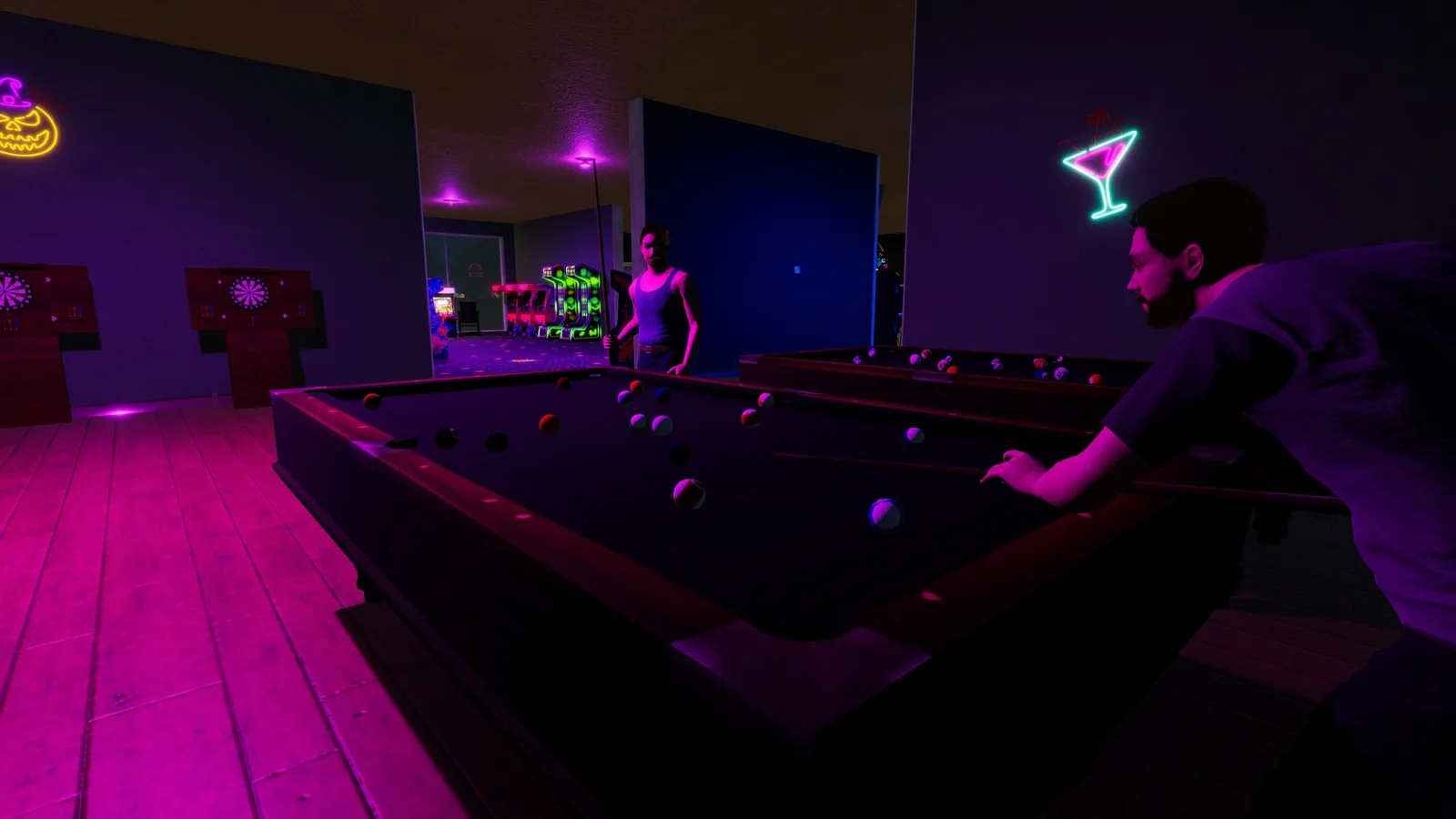 Two characters playing pool in a vibrant retro arcade setting