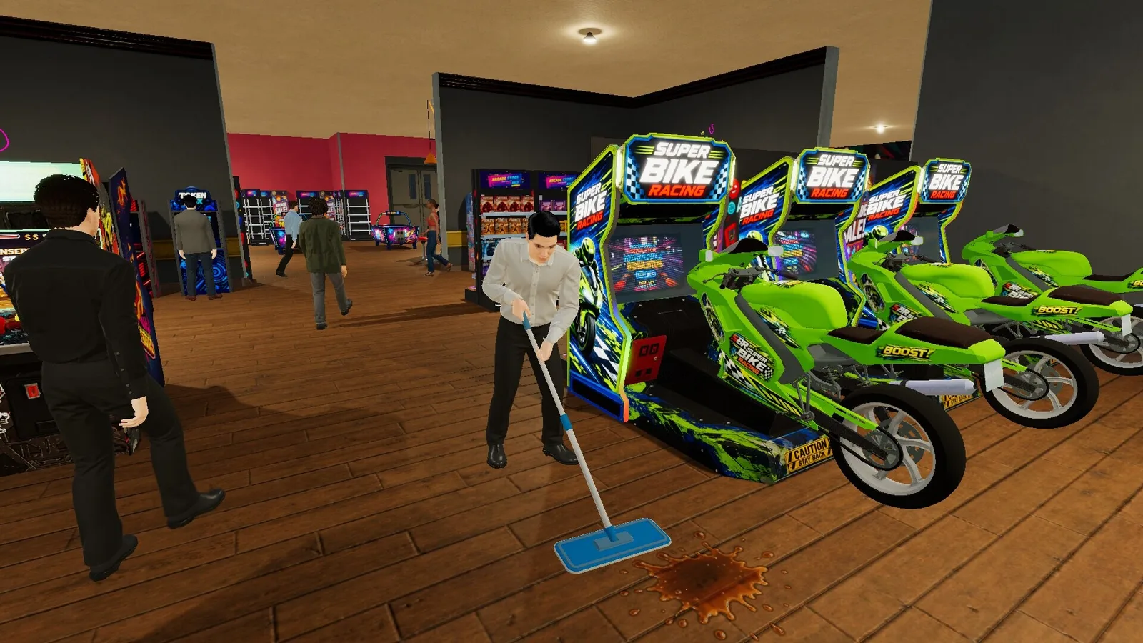 Retro Arcade Shop Simulator gameplay featuring cleaning and arcade machines