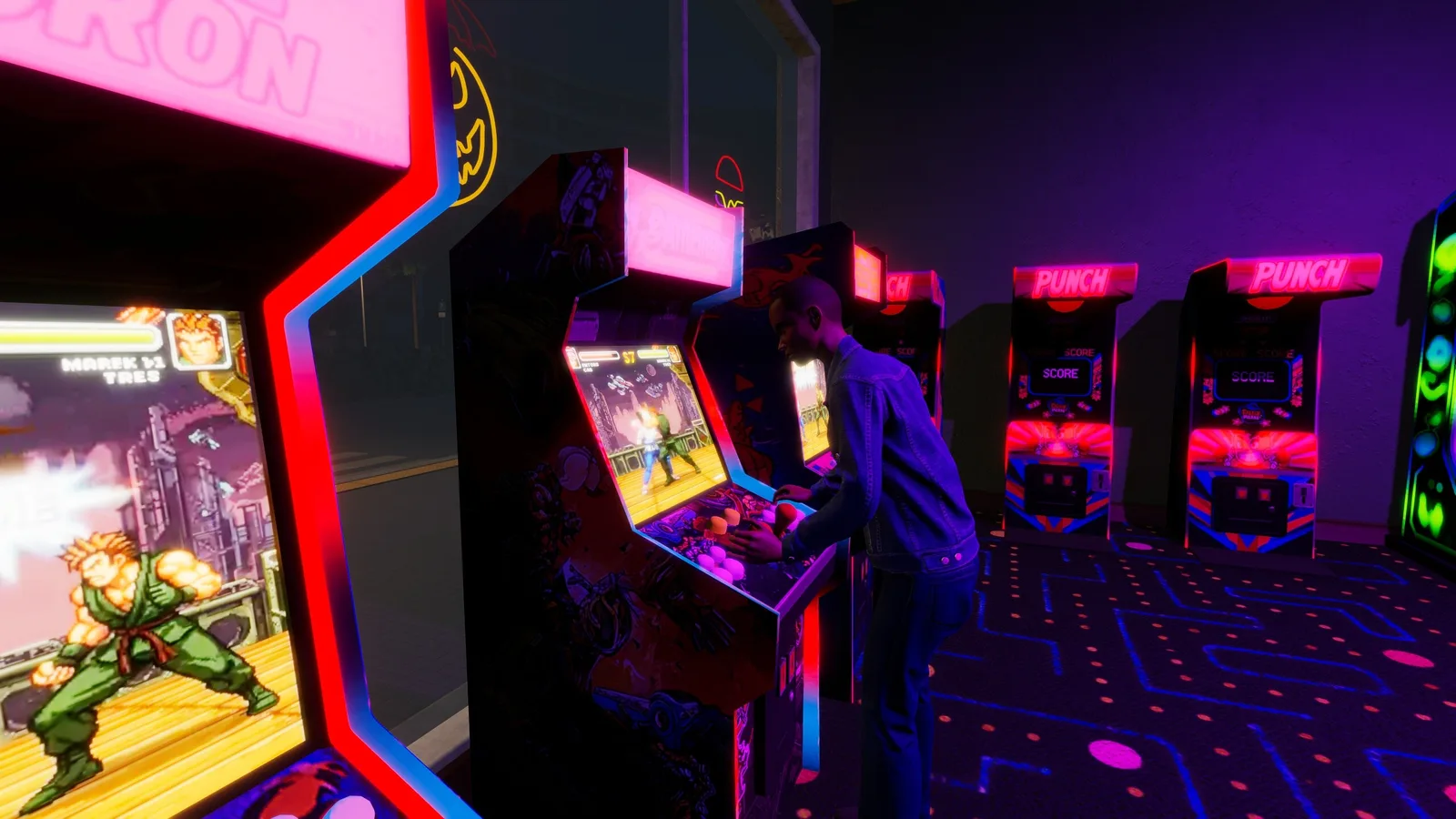 Player engaging with arcade machines in a retro-themed arcade environment