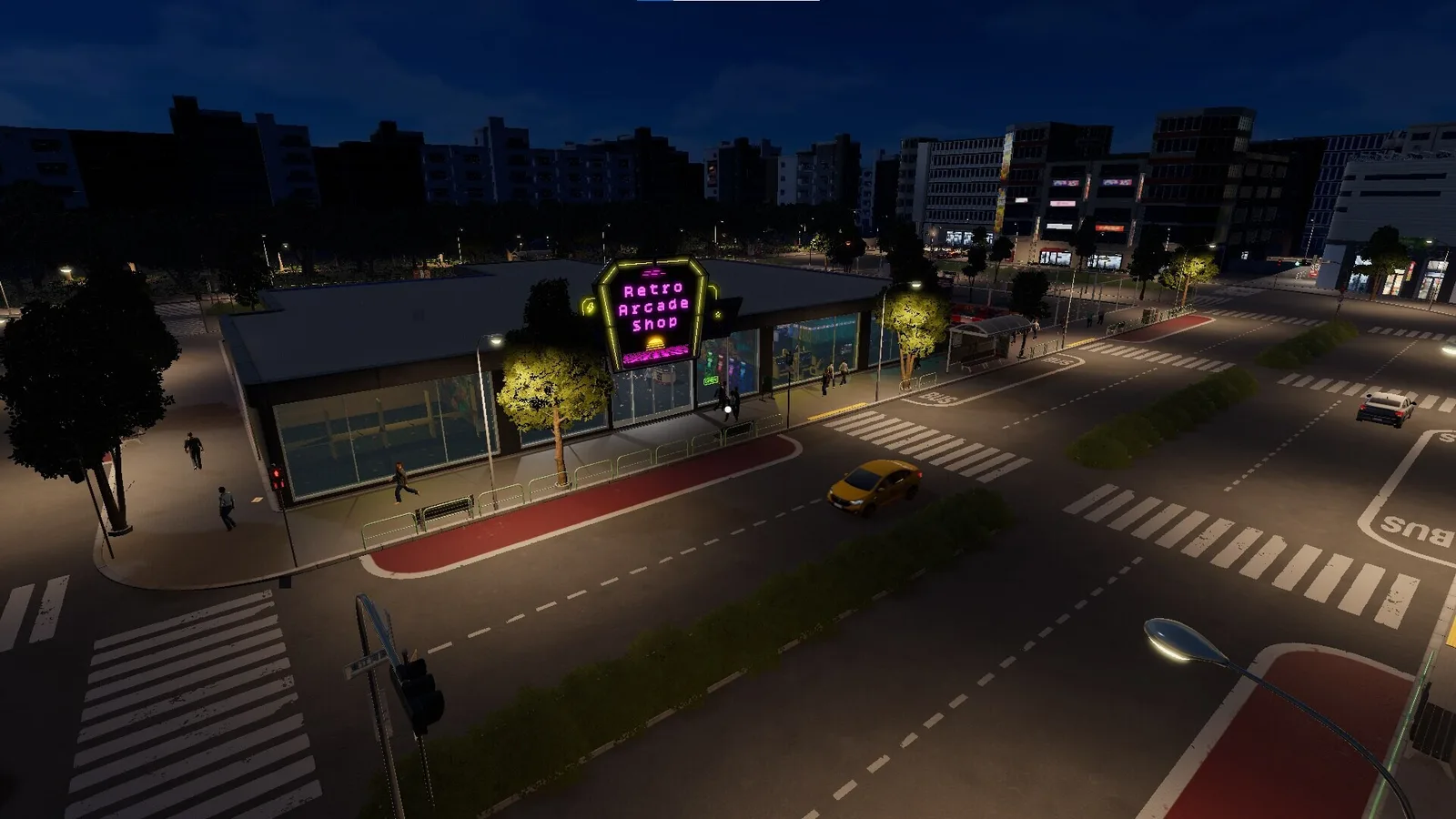 Night view of Retro Arcade Shop with neon signage in a vibrant city setting