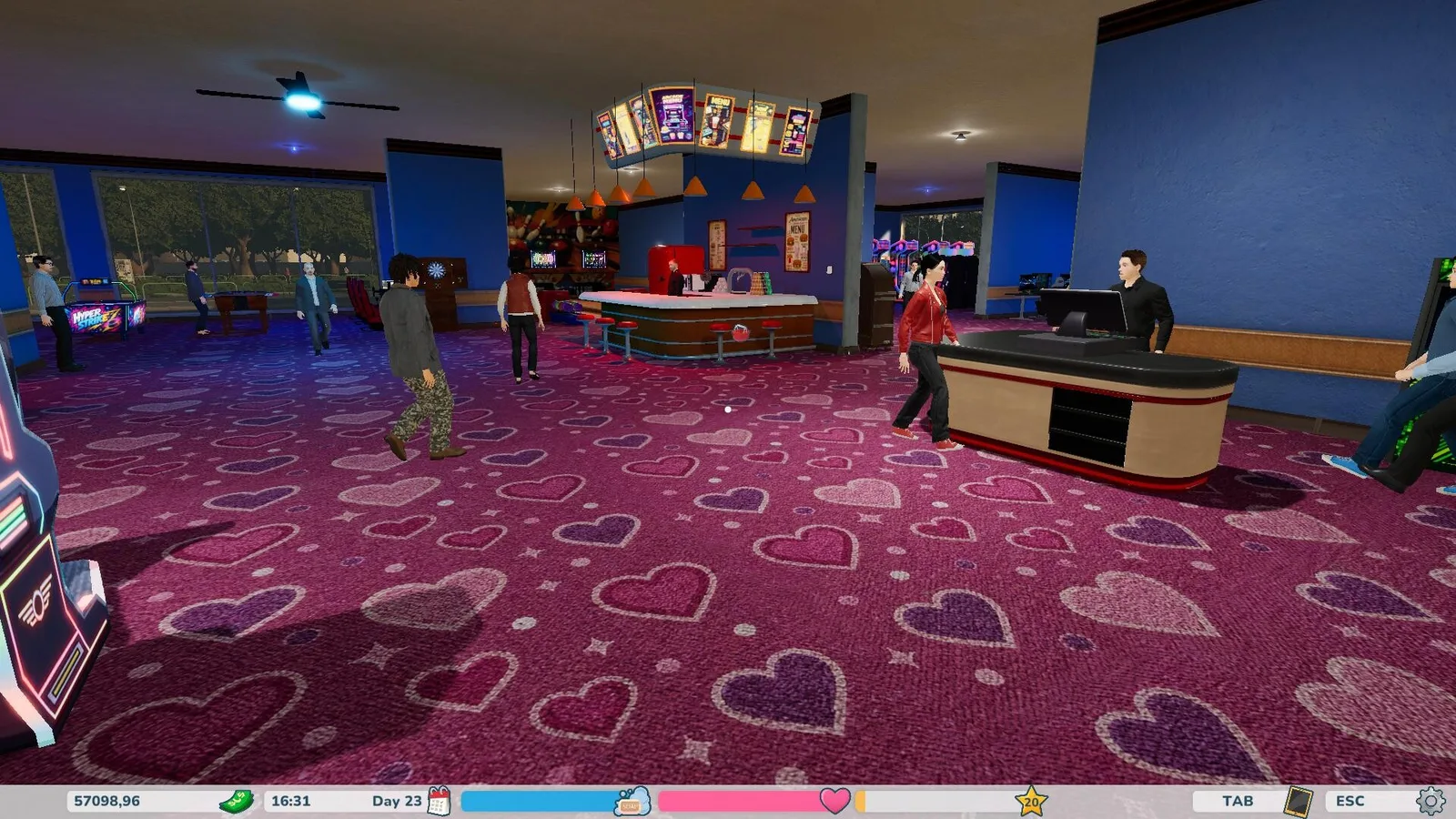 Colorful retro arcade shop interior with gaming machines and vibrant decor