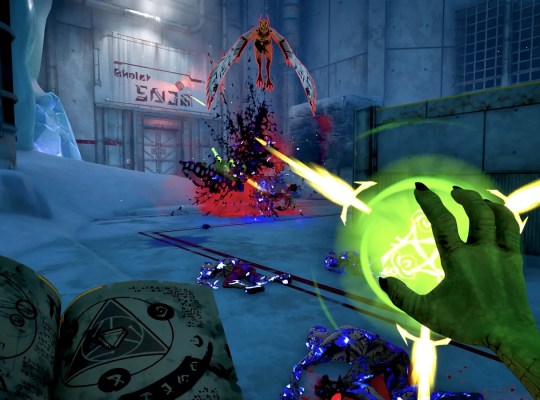 Gameplay scene from Serious Sam: Shatterverse showcasing combat and spellcasting.