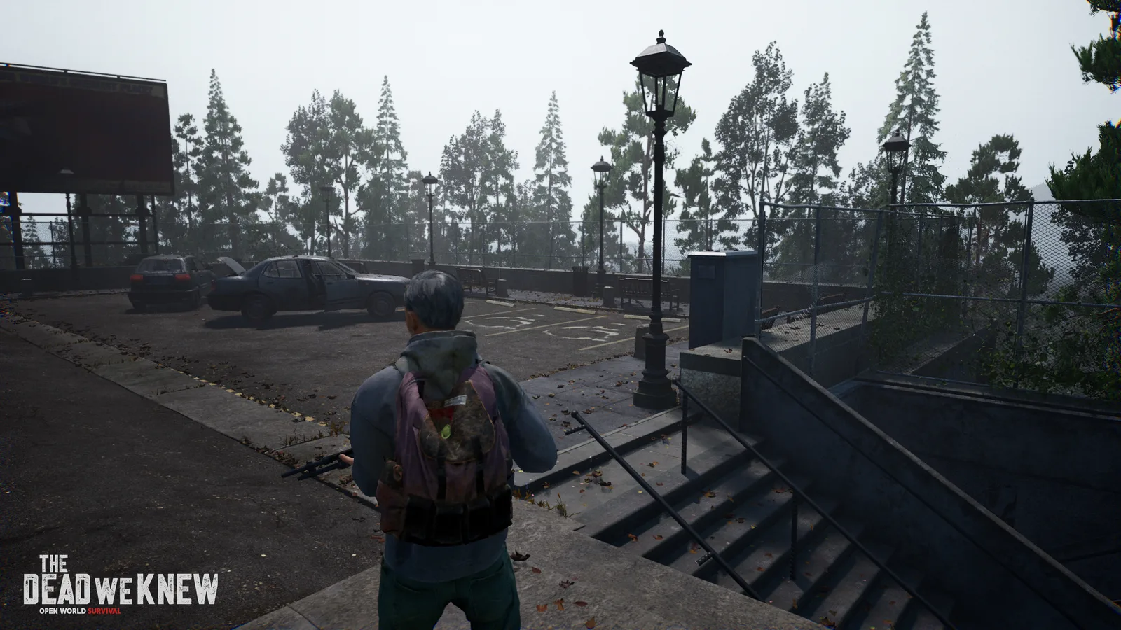 Survival game scene showcasing a character in a foggy environment with abandoned vehicles.