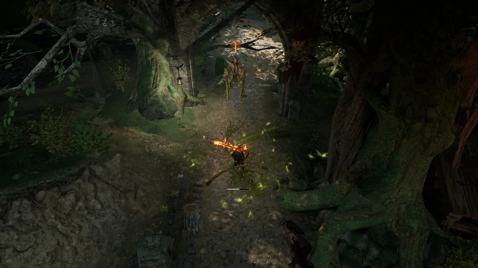 Player battles a skeletal enemy in a lush forest environment in Wardens of Avalon.