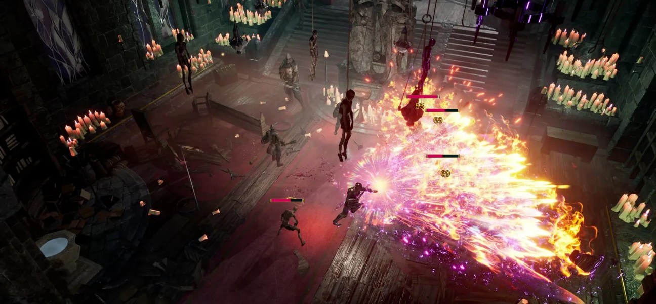 Intense combat scene in Wardens of Avalon with magical explosions and characters in action.