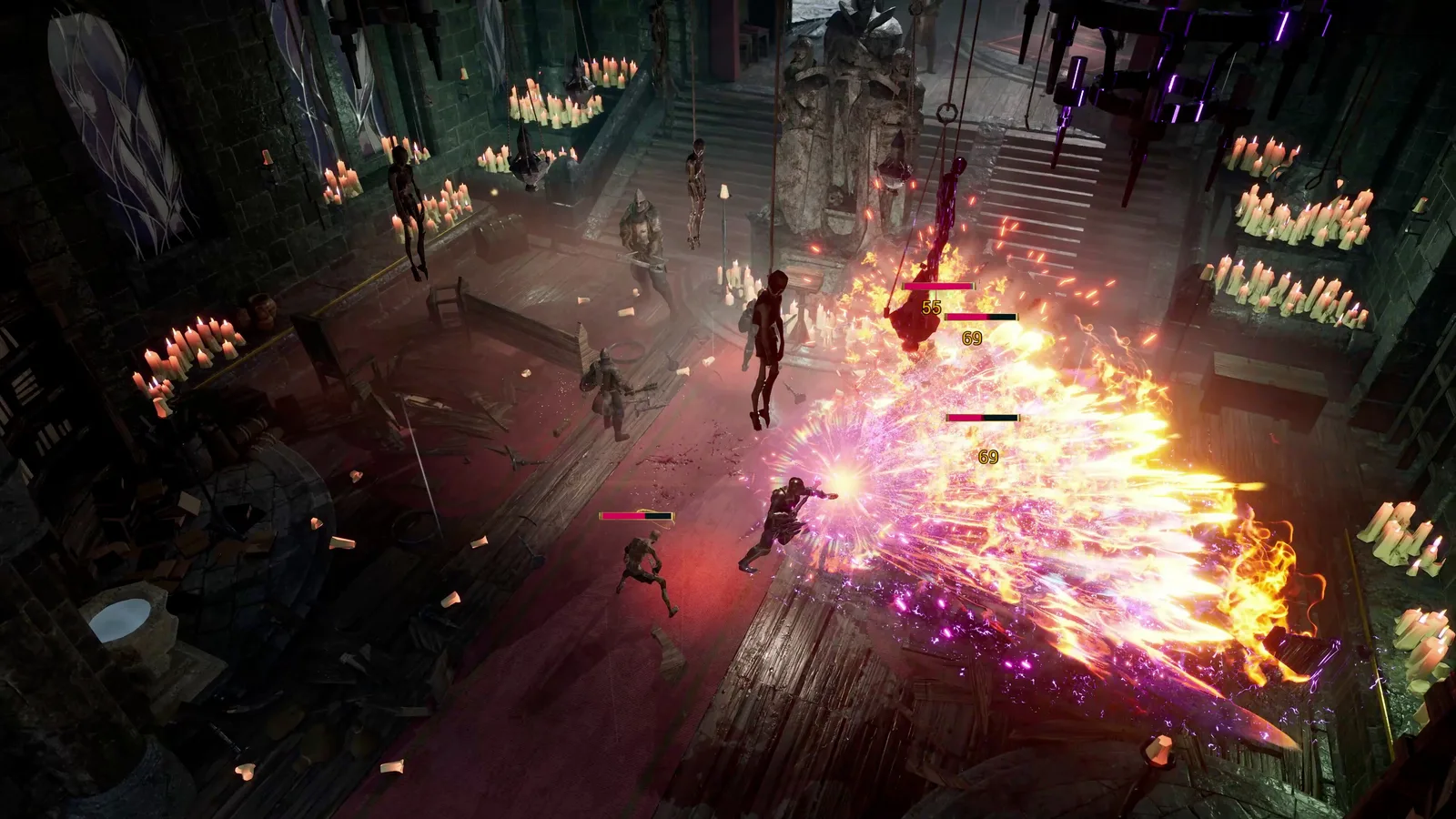 Intense combat scene in Wardens of Avalon with magical explosions and characters in action.