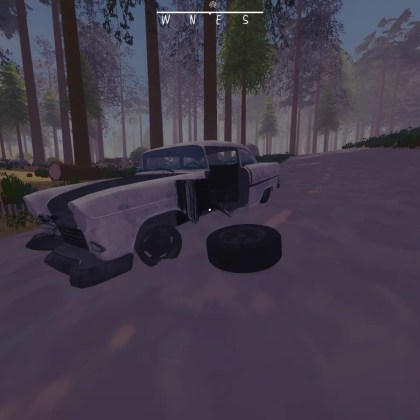 Abandoned car in a forest setting from Zero To South game