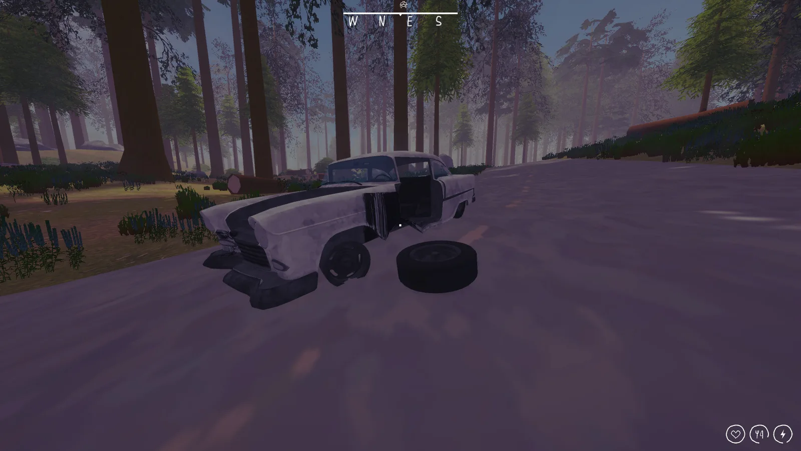 Abandoned car in a forest setting from Zero To South game